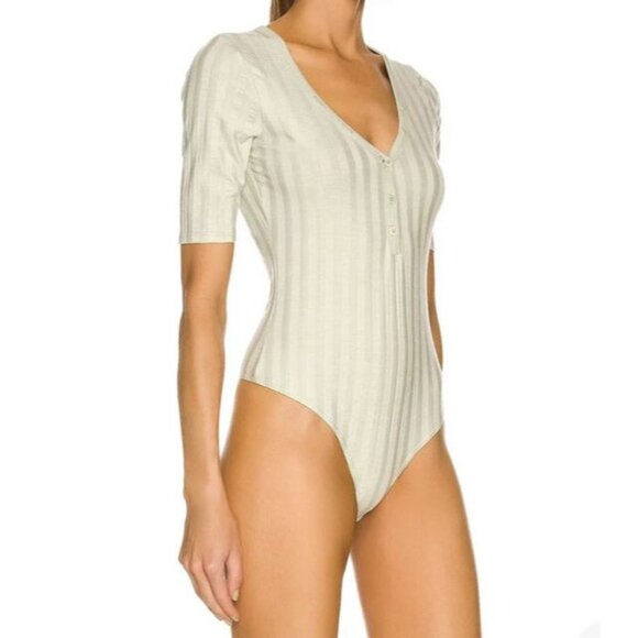 JONATHAN SIMKHAI XS Bodysuit Connie Womens Button Front VNeck Lichen Green New - Picture 1 of 9